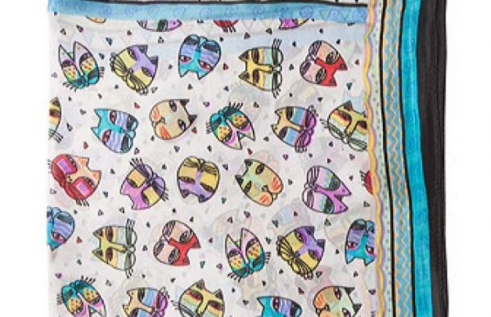 Esarfa alba din matase naturala cu fete de pisici model ESF-AFP